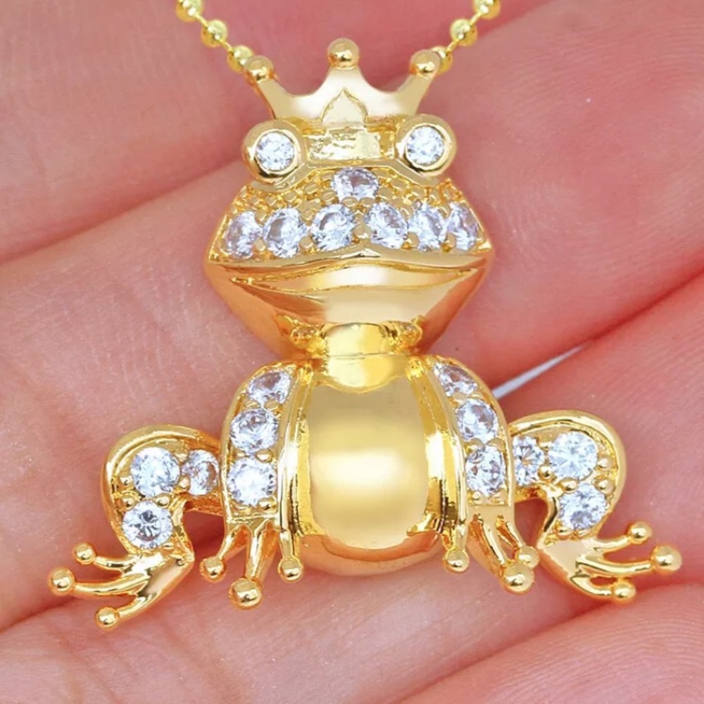1Ct Yellow Gold Diamond Frog Charming Necklace NEW